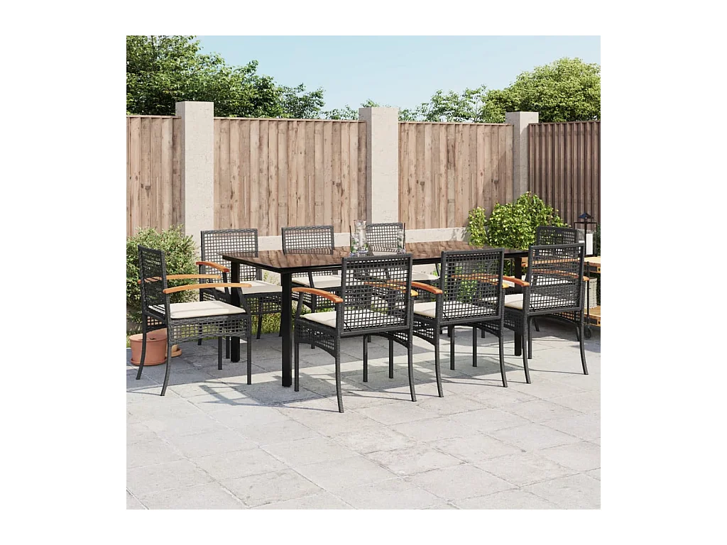 9 peças conjunto de jantar p/ jardim c/ almofadões vime PE preto