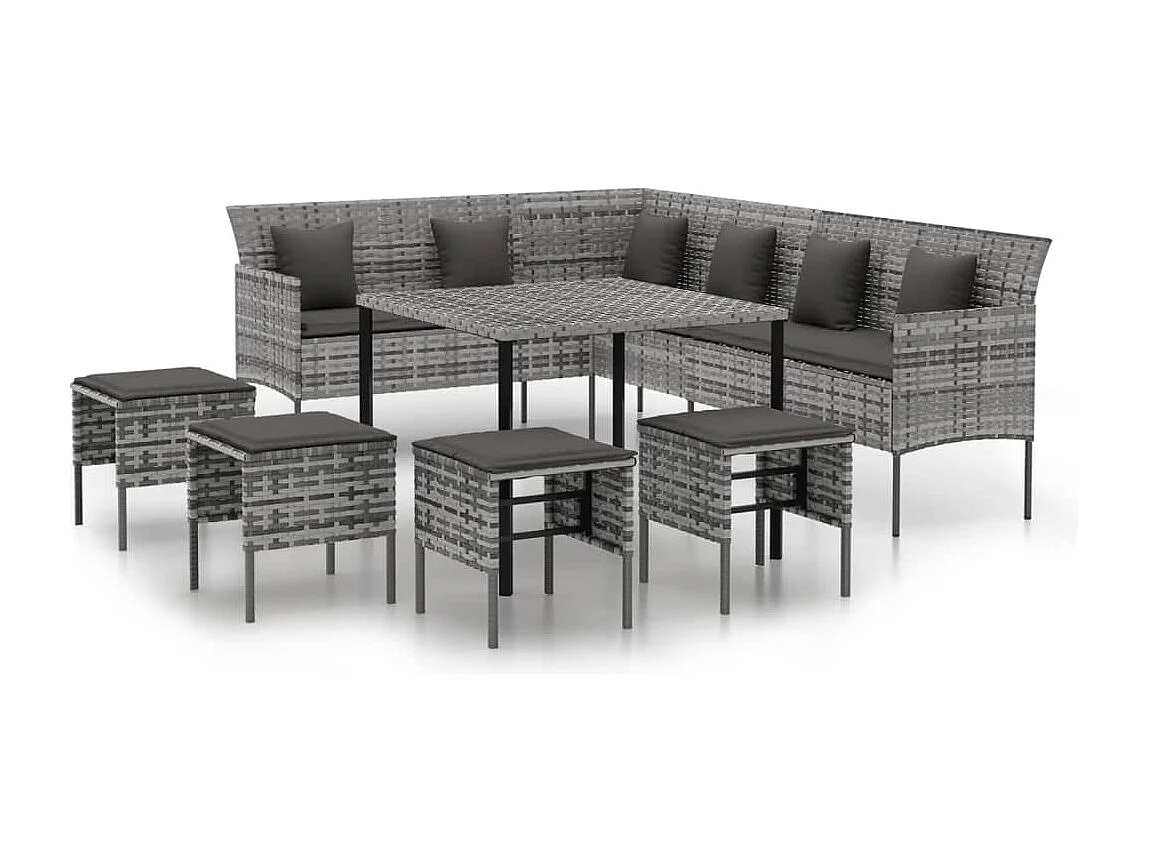 Set de comedor de jardín 6 piezas y cojines ratán sintético gris