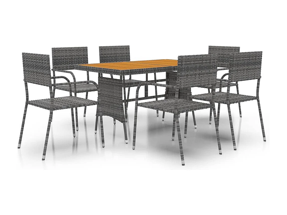 7 peças conjunto de jantar para exterior vime PE cinzento