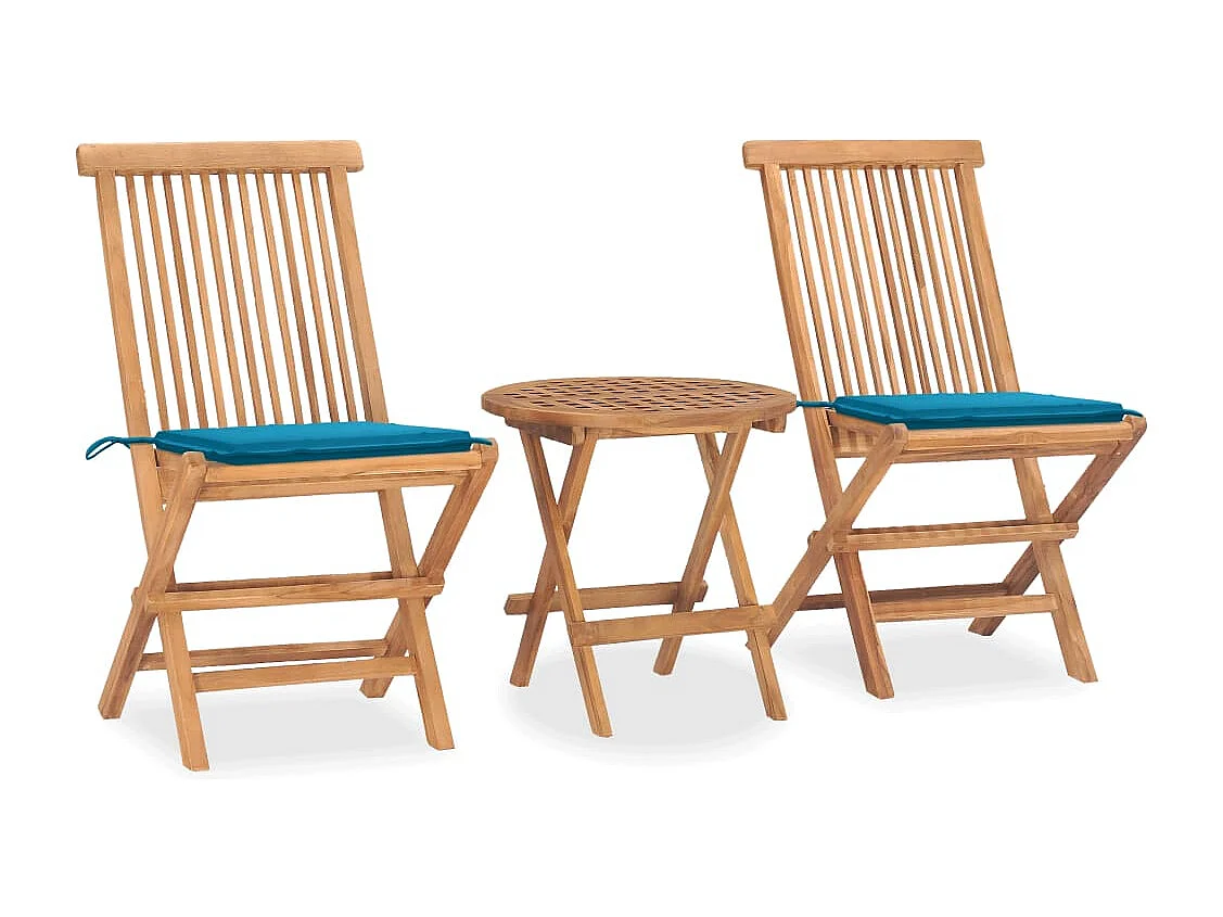 3 peças conj. jantar dobrável exterior c/ almofadão teca maciça