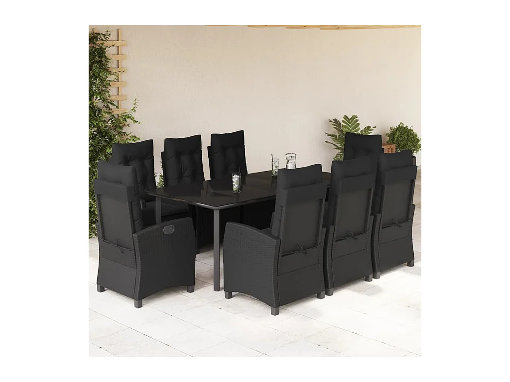 Set de comedor de jardín 9 piezas y cojines ratán sintético negro