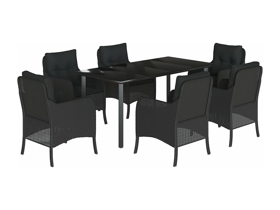 Set de comedor de jardín 7 piezas y cojines ratán sintético negro