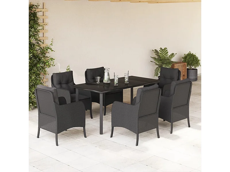 Set de comedor de jardín 7 piezas y cojines ratán sintético negro