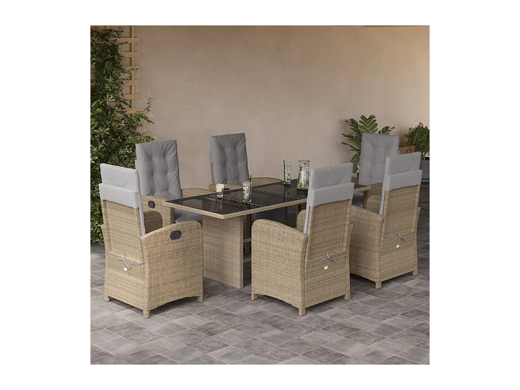 Ensemble à manger de jardin et coussins 7 pièces beige poly rotin