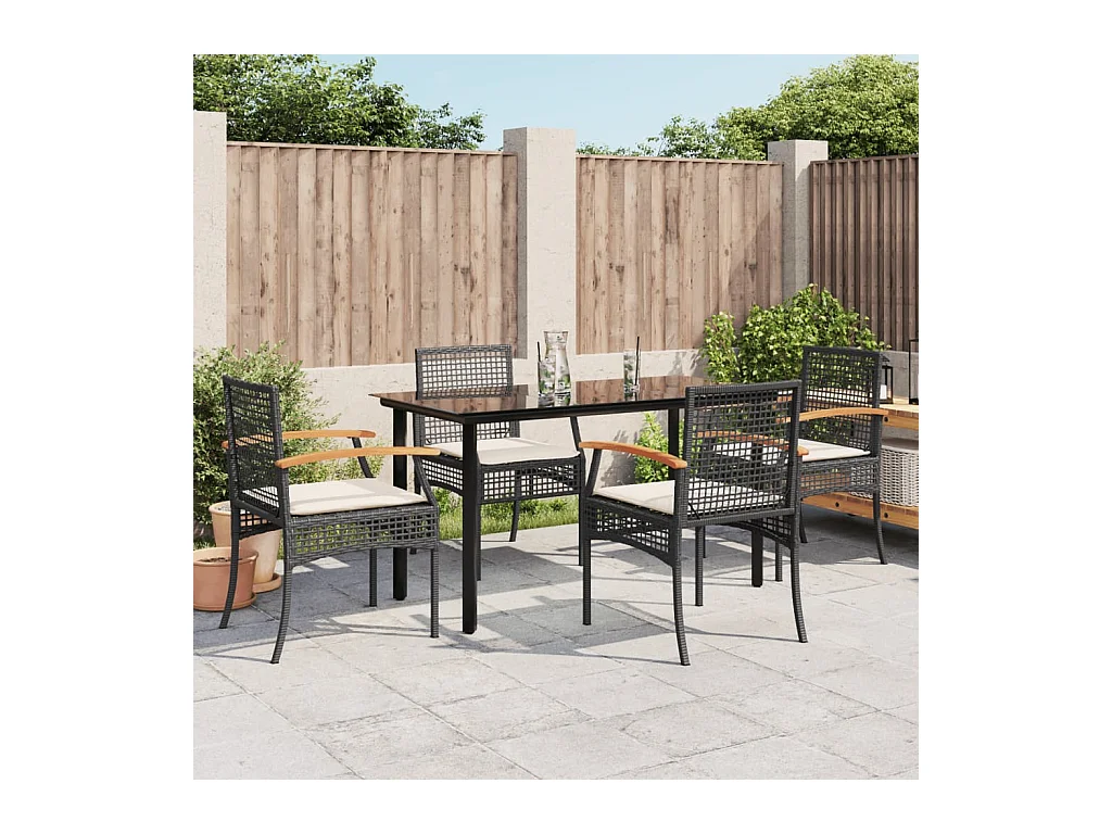 Ensemble à manger de jardin coussins 5 pièces Noir Résine tressée