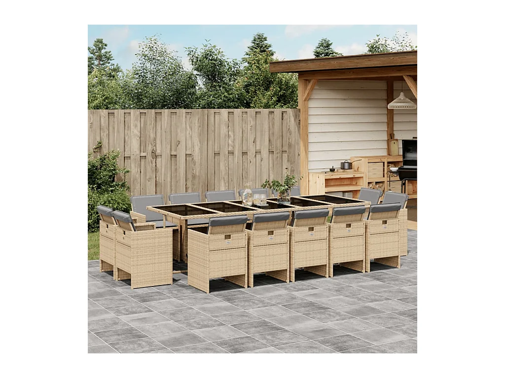 Ensemble à manger de jardin et coussins 15 pièces mélange beige