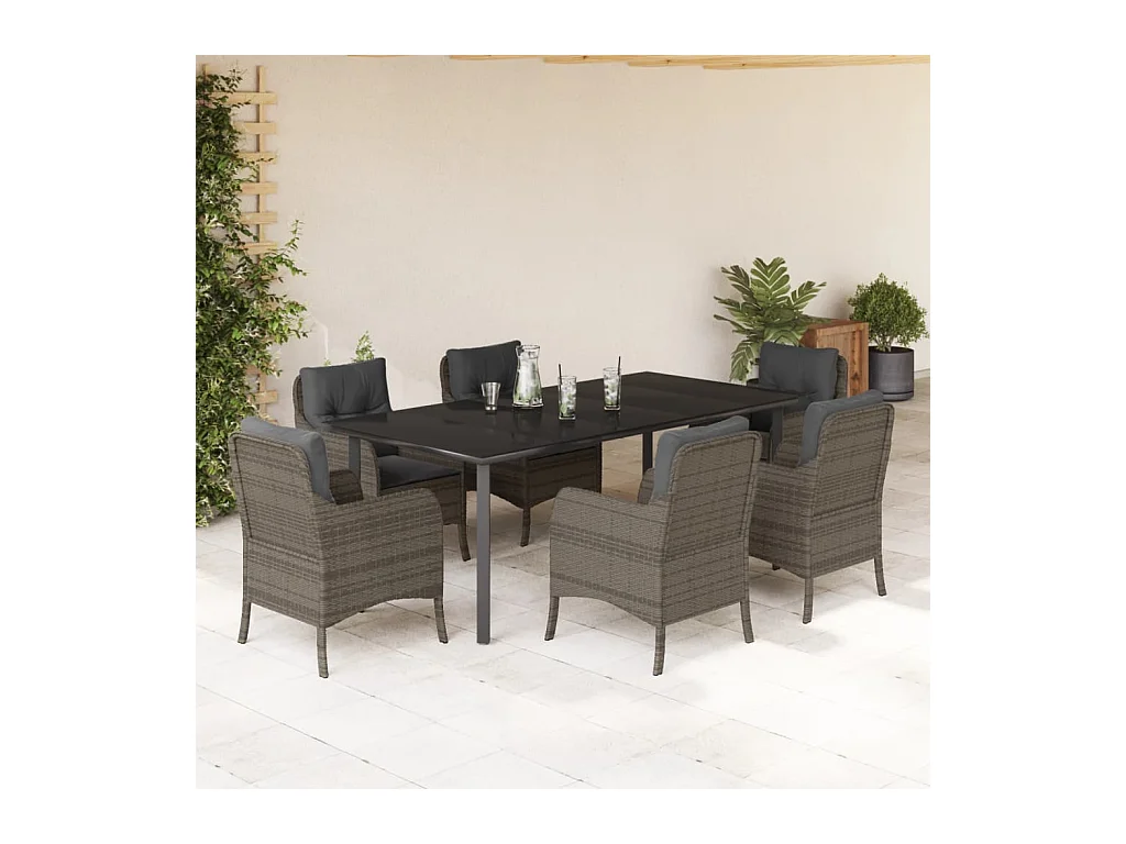 Ensemble à manger de jardin et coussins 7 pièces gris rotin