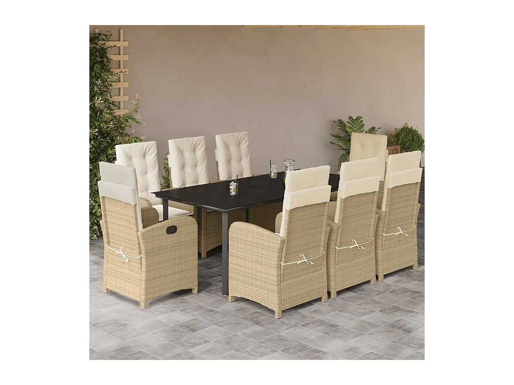 Ensemble à manger de jardin et coussins 9 pièces beige Poly rotin