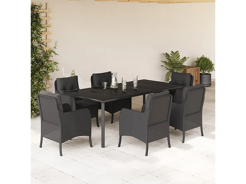 Set de comedor de jardín 7 piezas y cojines ratán sintético negro
