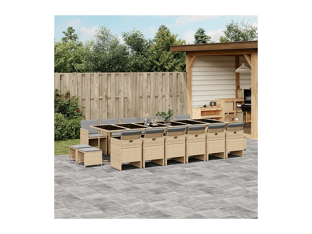 Ensemble à manger de jardin et coussins 17 pièces mélange beige