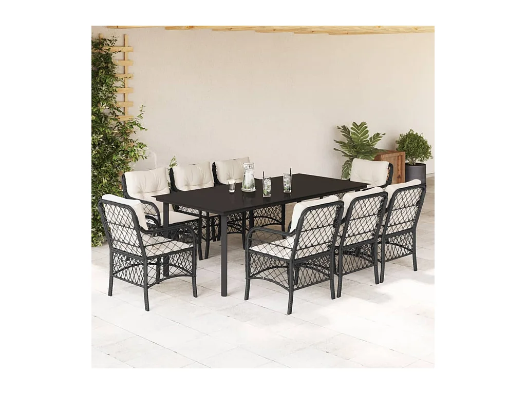 Set de comedor de jardín 9 piezas y cojines ratán sintético negro