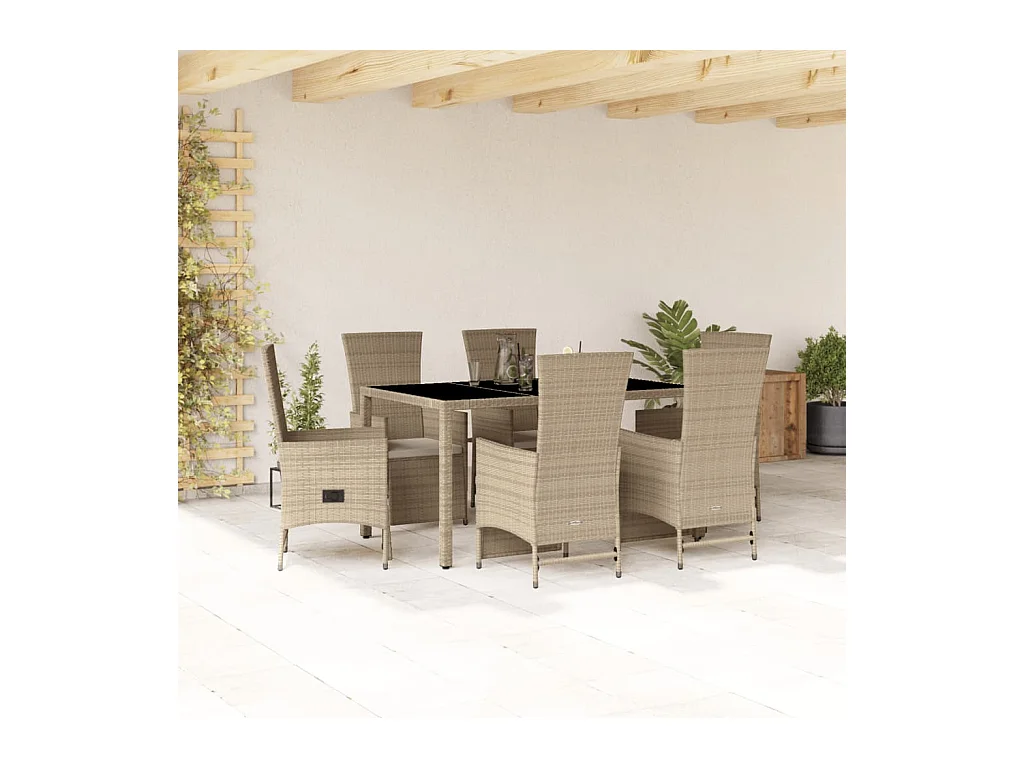 Ensemble à manger de jardin et coussins 7 pièces beige poly rotin