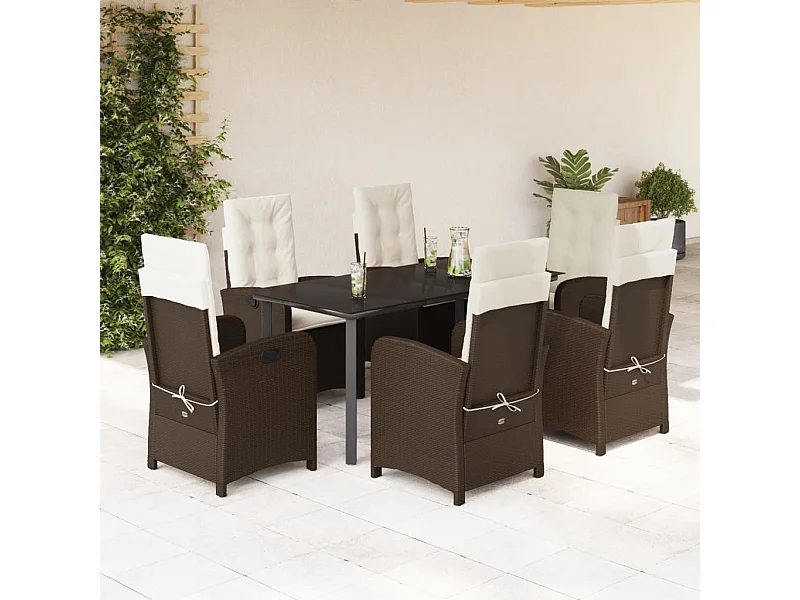 Set comedor de jardín 7 piezas con cojines ratán sintético marrón