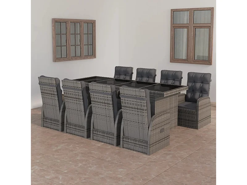 Mobilier à dîner jardin 9 pièces avec coussins Résine tressée Gris