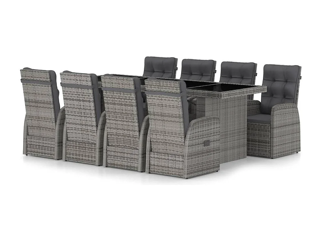 Mobilier à dîner jardin 9 pièces avec coussins Résine tressée Gris