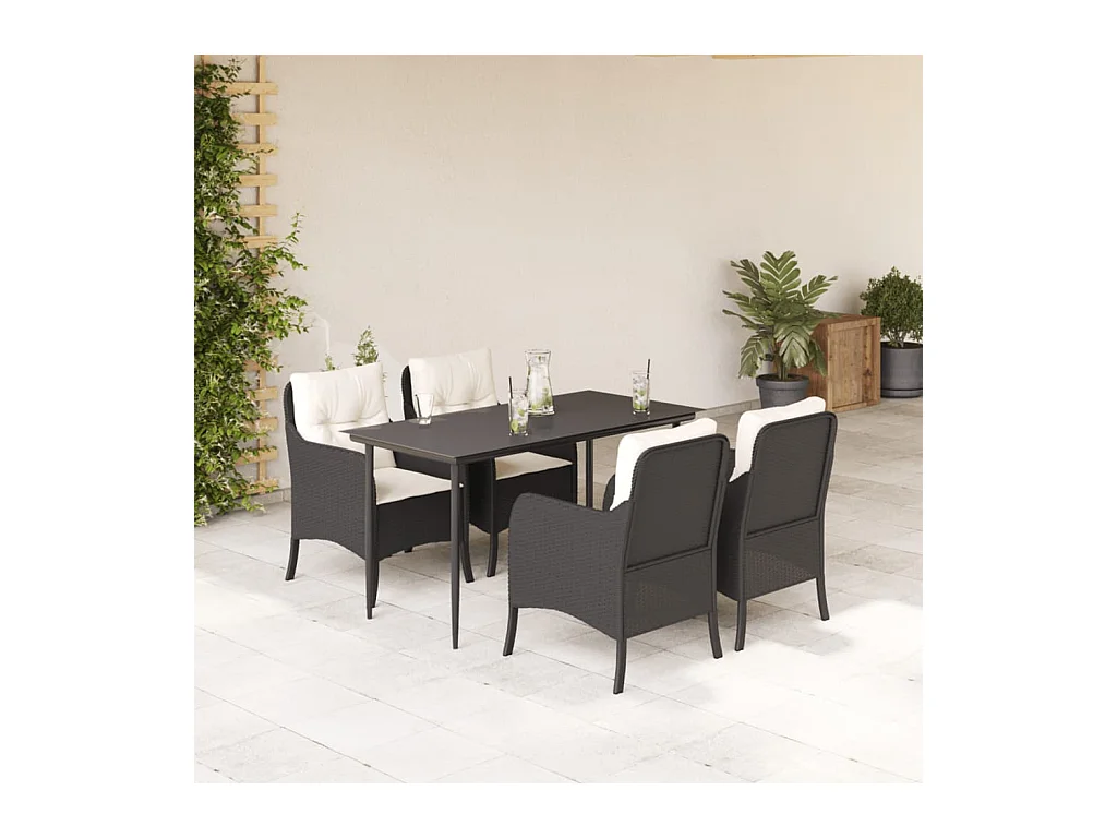 Ensemble à manger de jardin coussins 5 pièces Noir Résine tressée