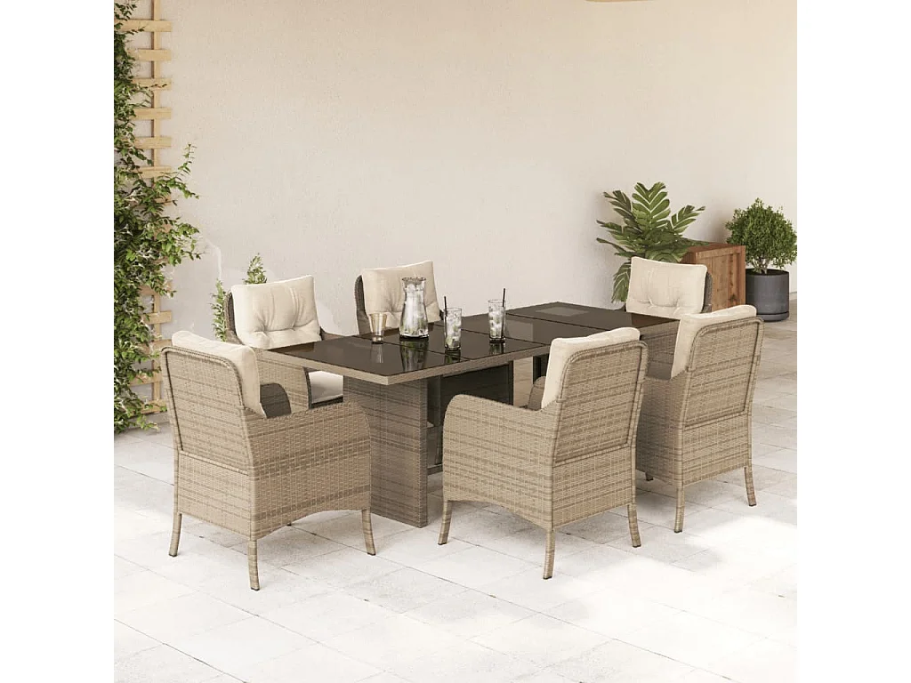 Ensemble à manger de jardin et coussins 7 pièces beige poly rotin