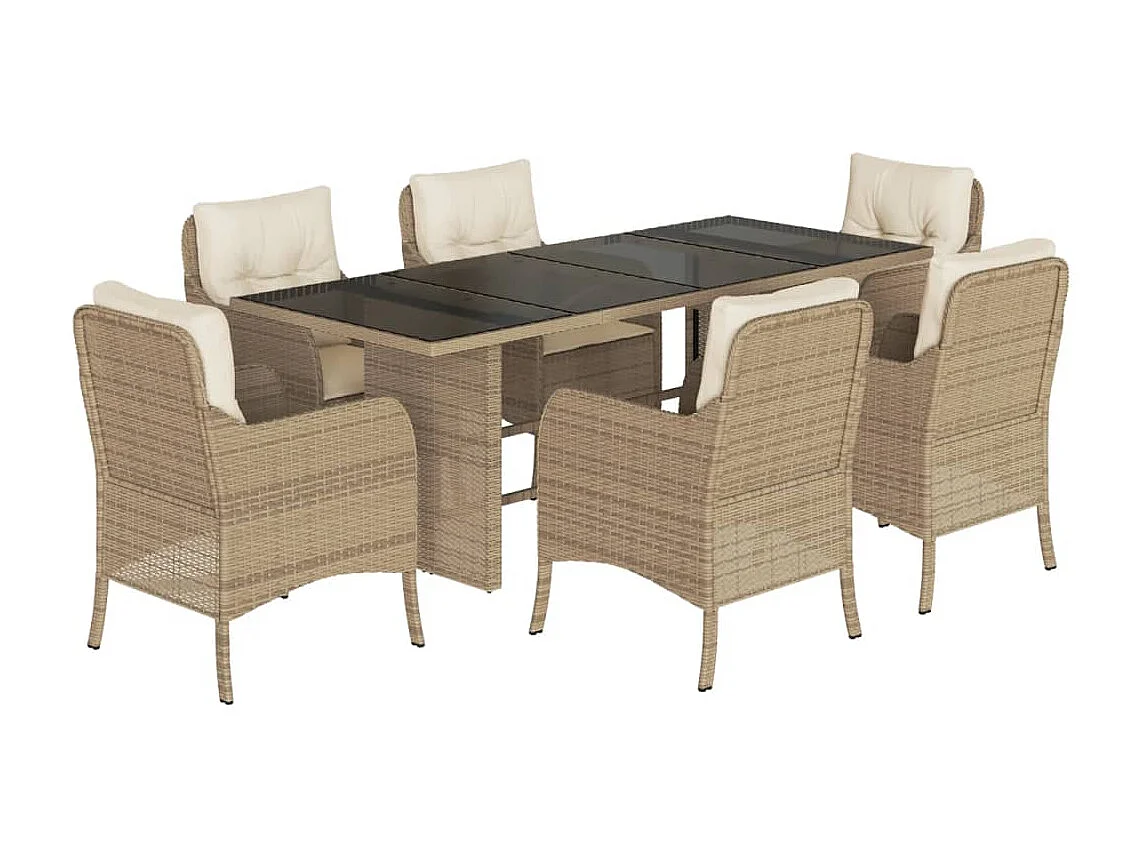 Ensemble à manger de jardin et coussins 7 pièces beige poly rotin