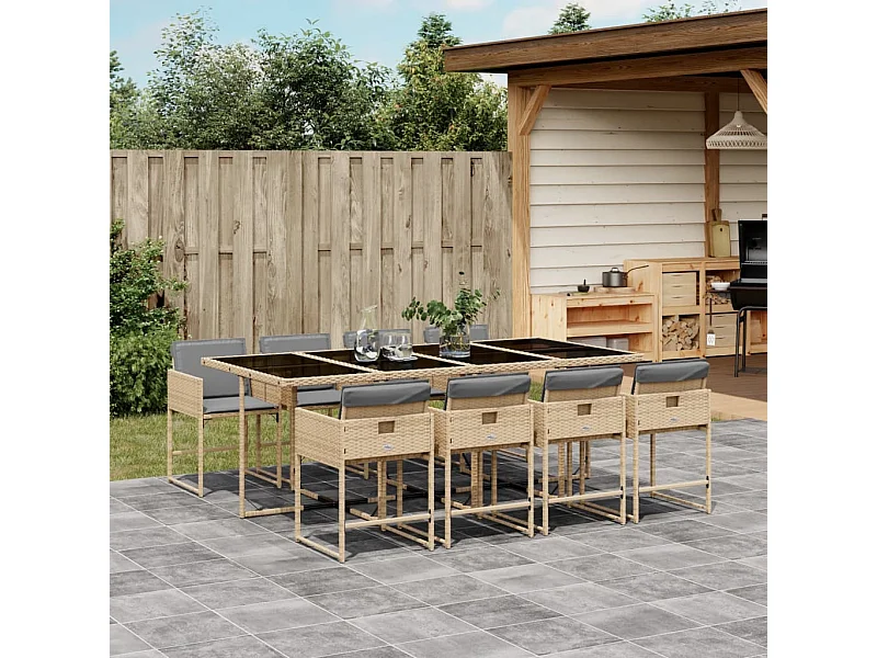 9-delige Tuinset met kussens poly rattan gemengd beige