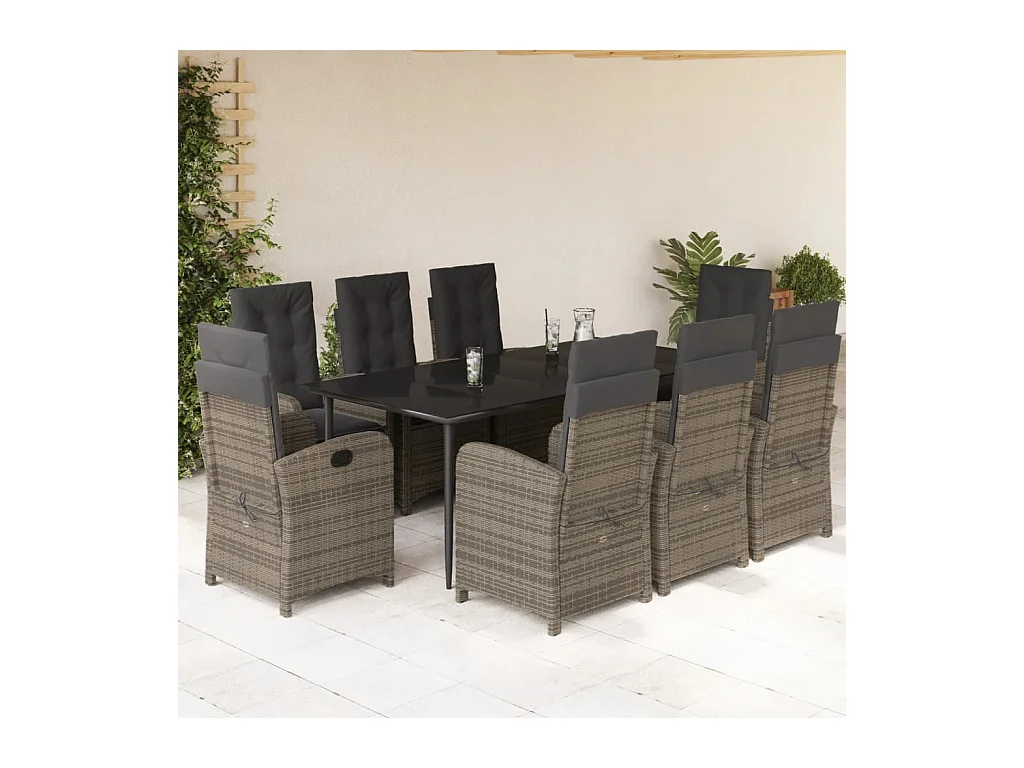 9 peças conjunto de jantar p/ jardim c/ almofadões vime PE cinza