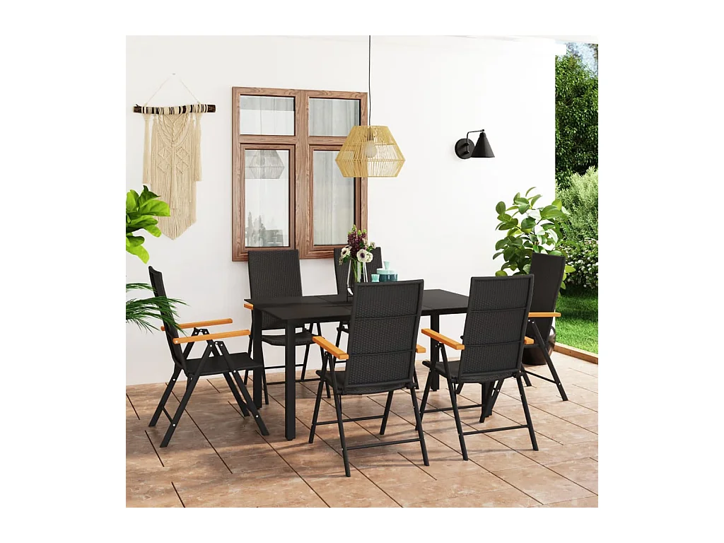 Ensemble de salle à manger de jardin 7 pièces Noir et marron