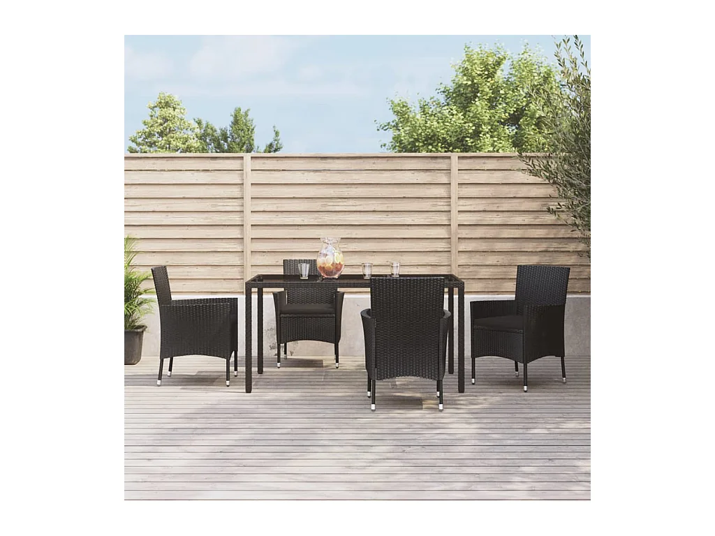 Mobilier à dîner de jardin et coussins 5 pièces Noir Résine tressée