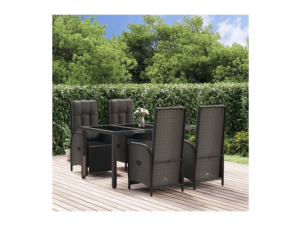 Mobilier à dîner de jardin et coussins 5 pièces Noir Résine tressée