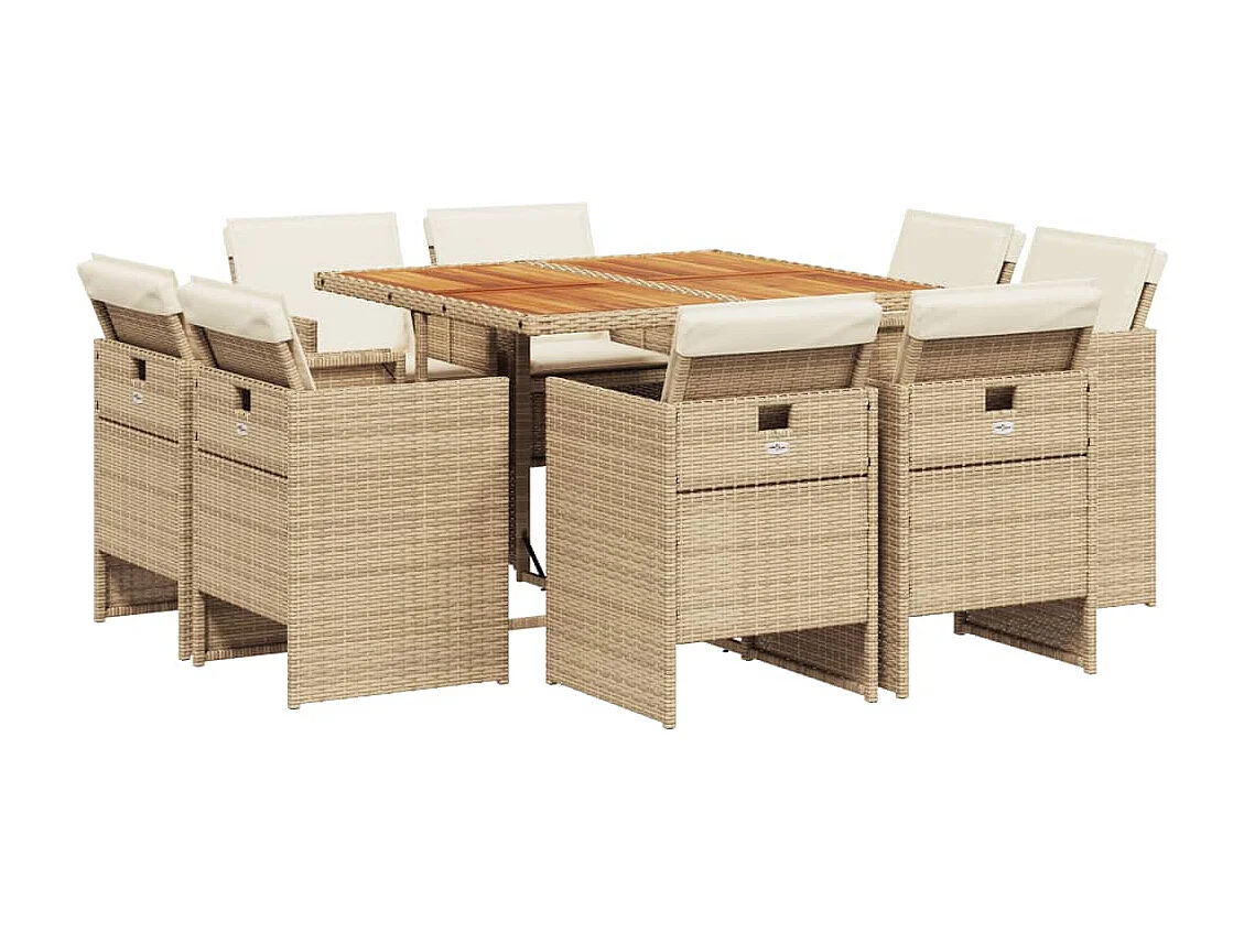Ensemble à manger de jardin et coussins 9 pièces beige Poly rotin