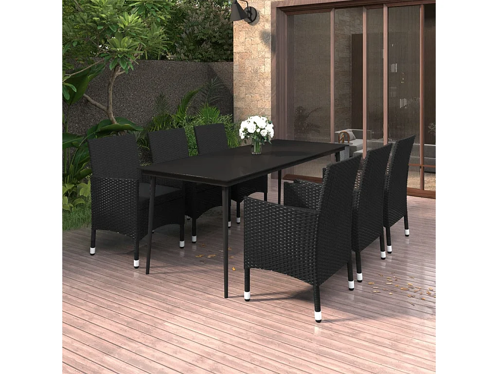 Ensemble à dîner de jardin coussins 7 pièces Résine tressée Verre