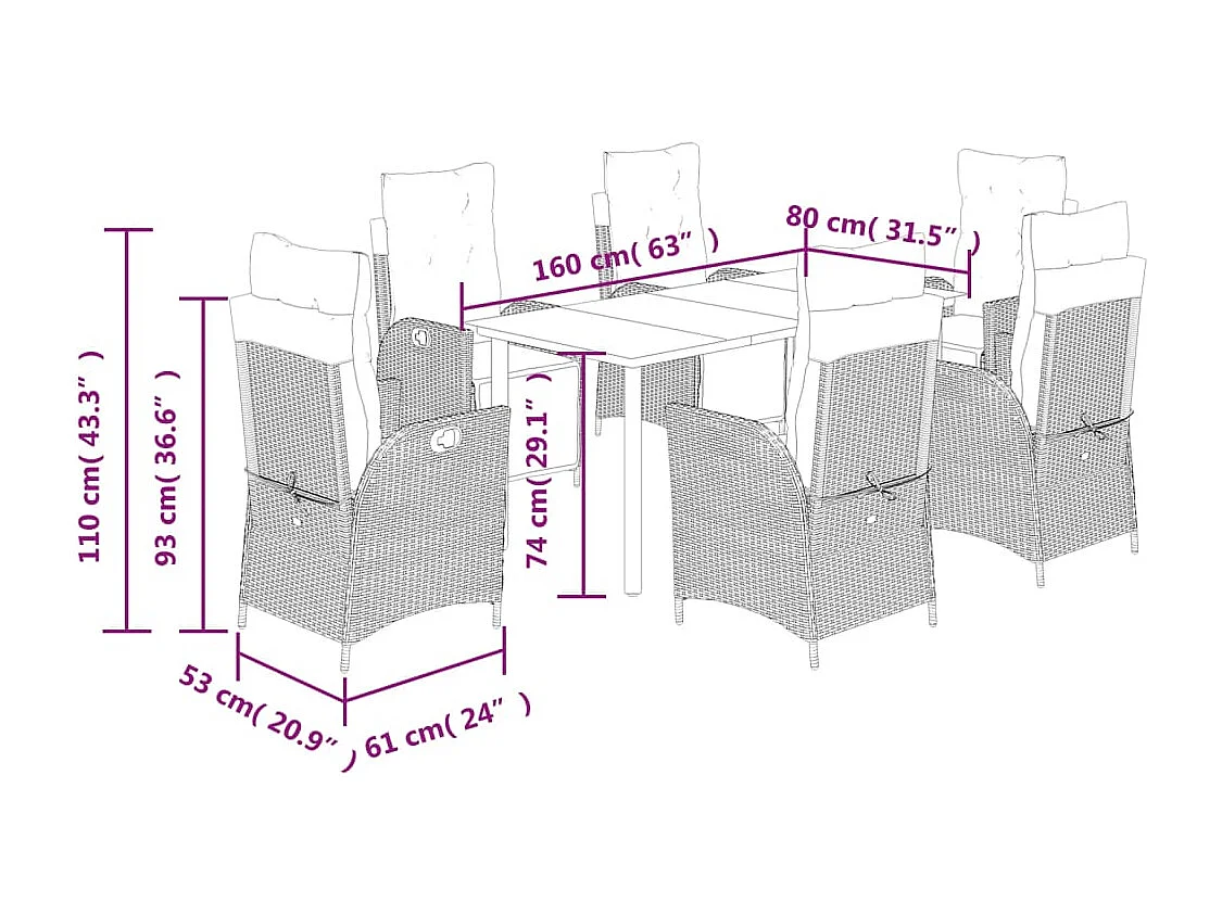 Set comedor de jardín 7 piezas con cojines ratán sintético beige
