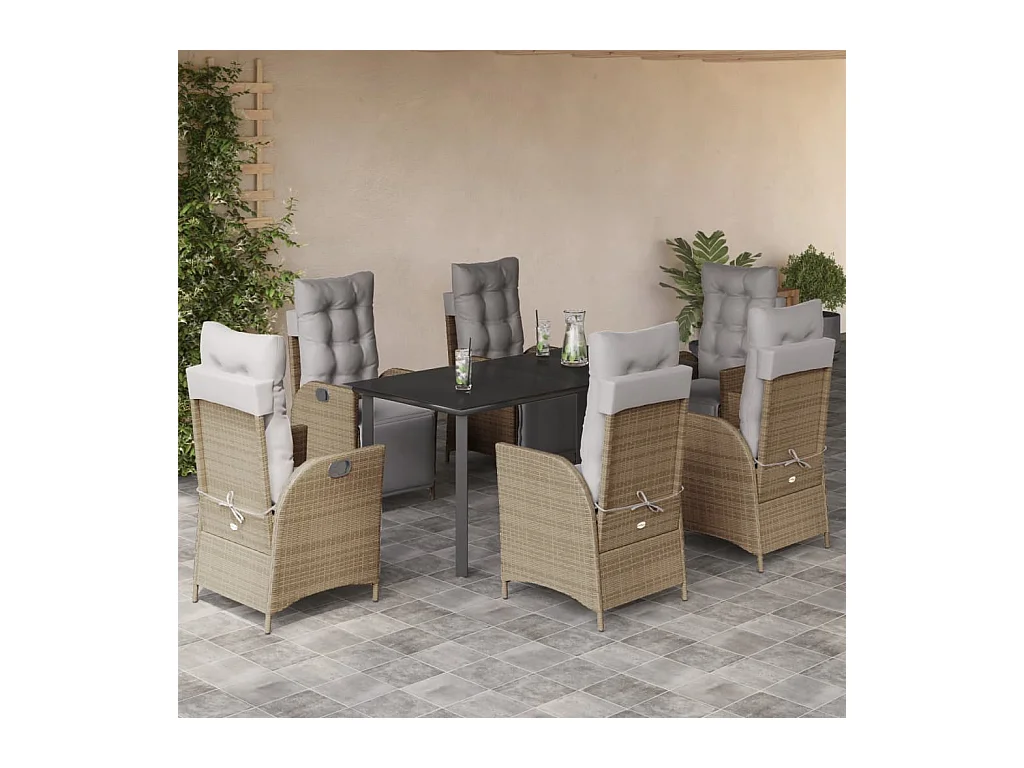 7-delige Tuinset met kussens poly rattan gemengd beige