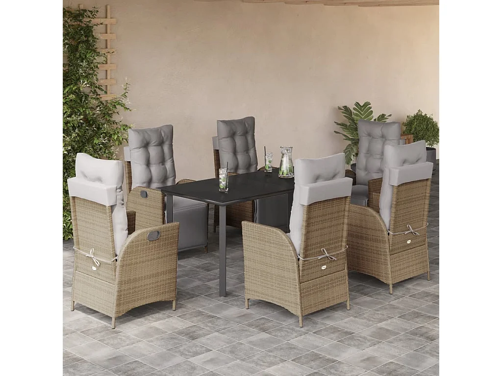 Ensemble à manger de jardin coussins 7 pièces mélange beige rotin