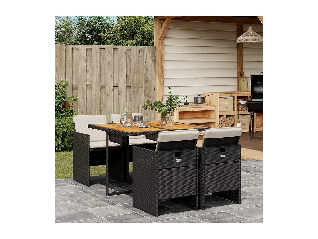 5 peças conjunto de jantar p/ jardim c/ almofadões vime PE preto
