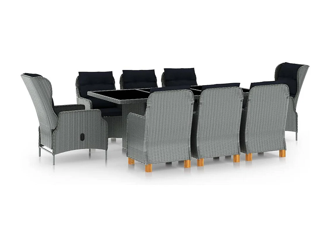 Mobilier à dîner 9 pièces avec coussins Résine tressée Gris clair