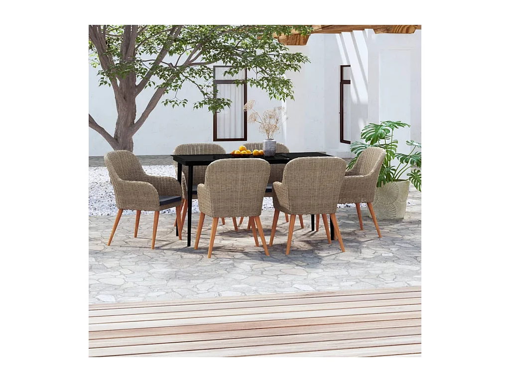 Mobilier de salle à manger de jardin et coussins 7 pièces Marron