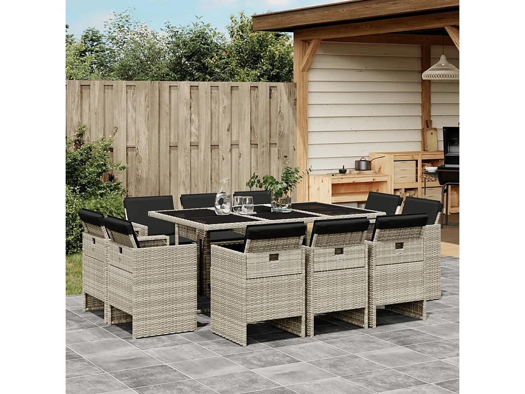 Ensemble à manger de jardin 11 pièces avec coussins gris poly rotin
