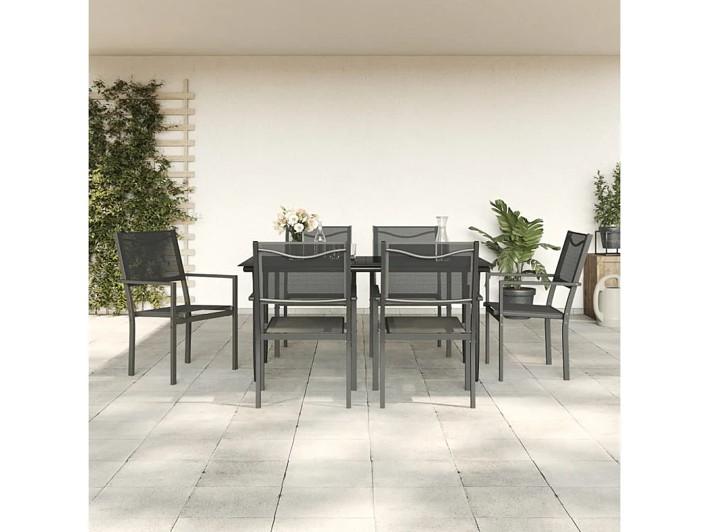 7 peças conjunto de jantar para jardim aço e textilene preto