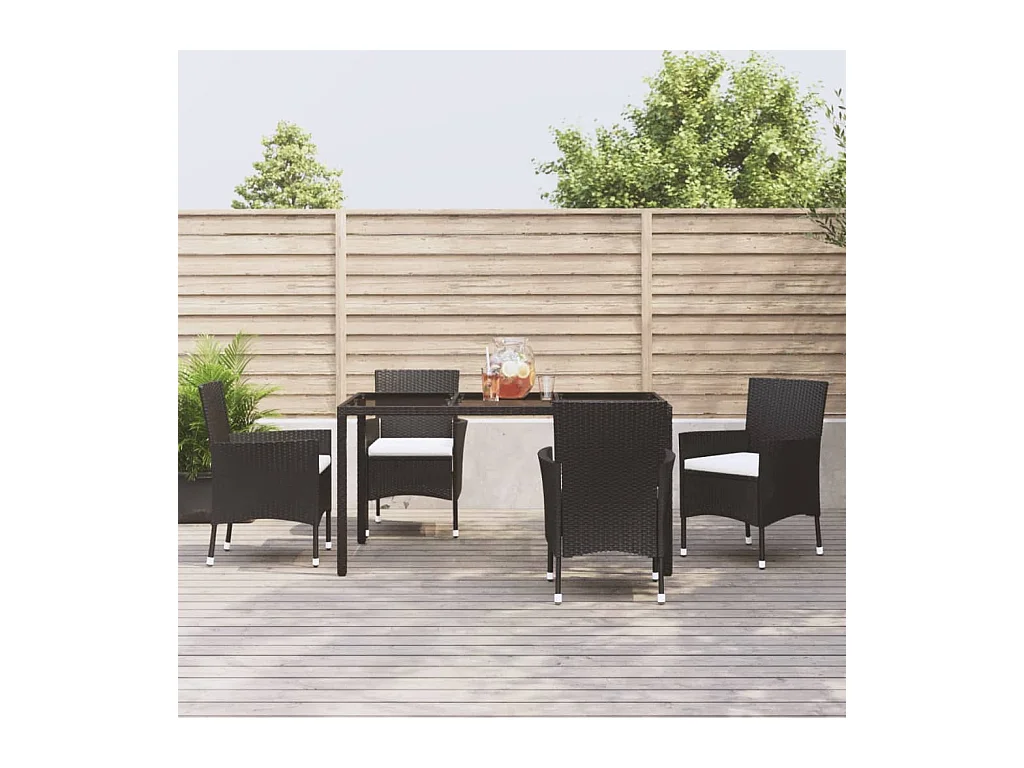 Mobilier à dîner de jardin et coussins 5 pièces Noir Résine tressée