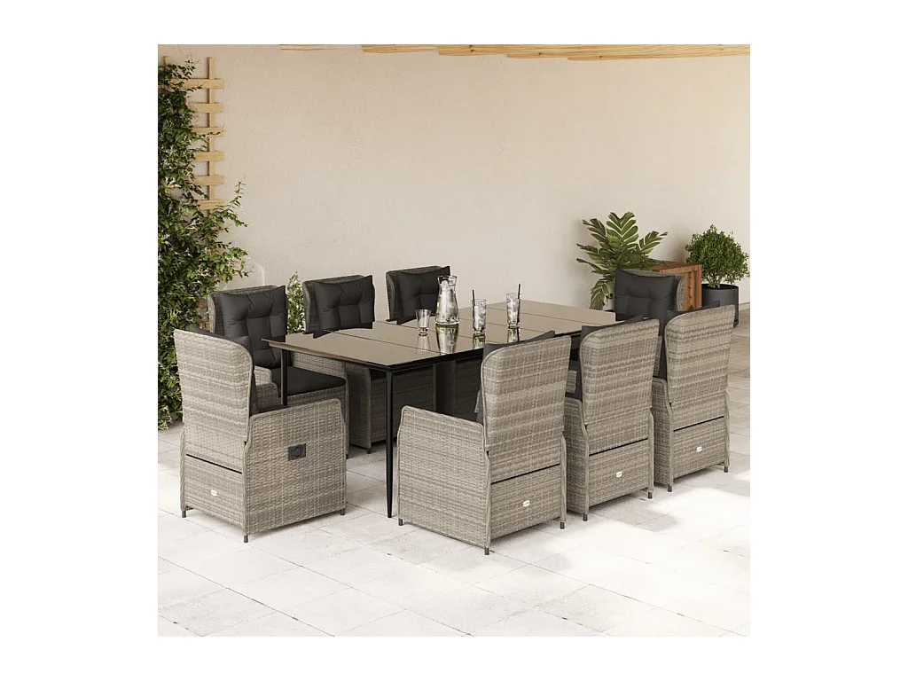 9-delige Tuinset met kussens poly rattan lichtgrijs