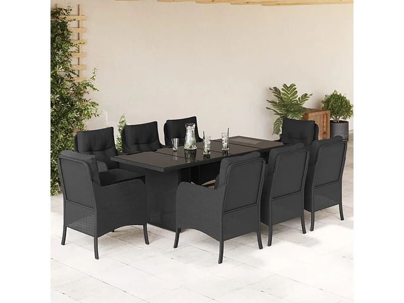 Set de comedor de jardín 9 piezas y cojines ratán sintético negro