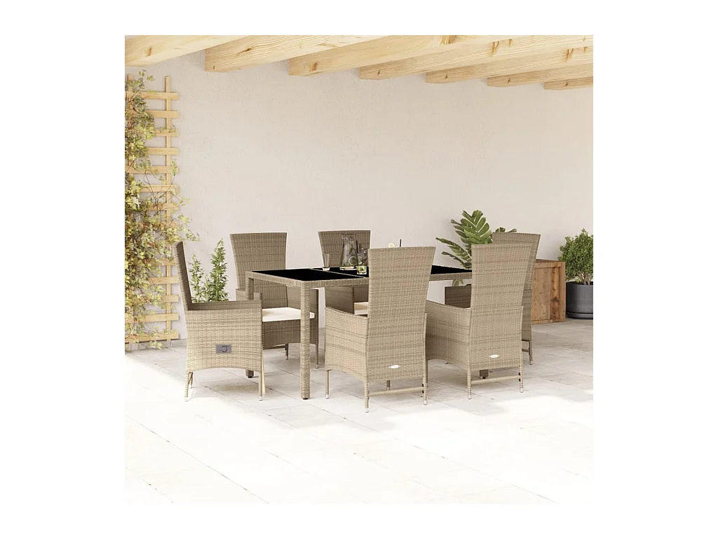 Ensemble à manger de jardin et coussins 7 pièces beige poly rotin