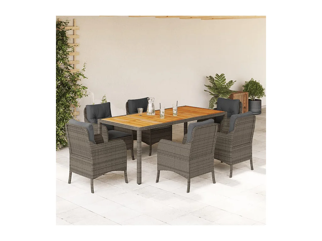Ensemble à manger de jardin et coussins 7 pièces gris rotin