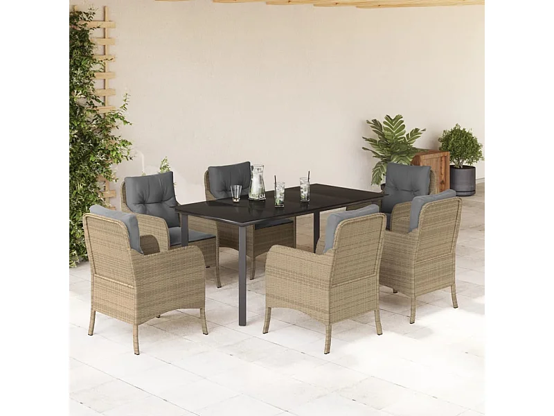 Ensemble à manger de jardin et coussins 7 pièces beige poly rotin