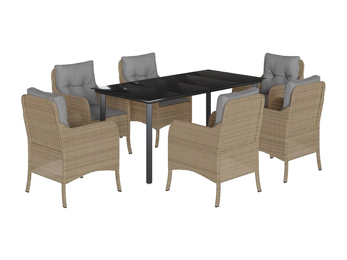 Ensemble à manger de jardin et coussins 7 pièces beige poly rotin