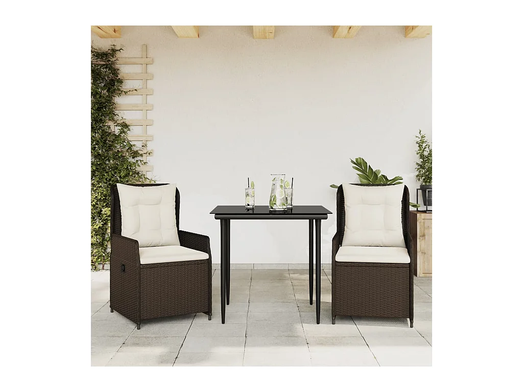 Set comedor de jardín 3 piezas y cojines ratán sintético marrón