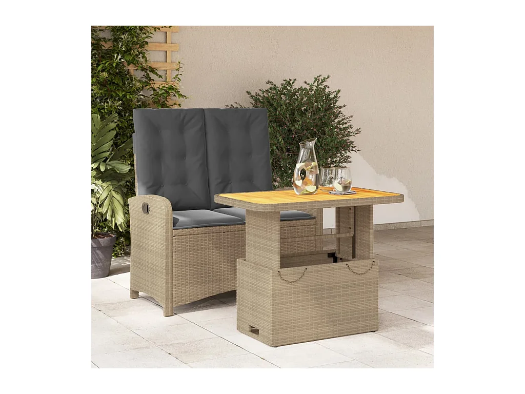 Ensemble à manger de jardin et coussins 2 pièces beige poly rotin