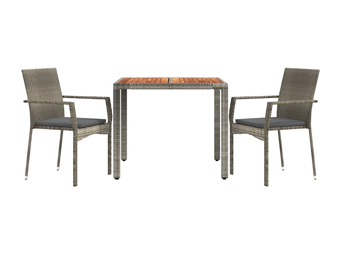 3 peças conjunto de jantar p/ jardim c/ almofadões vime PE cinza