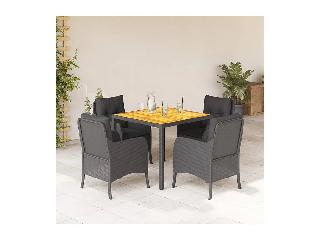 Ensemble à manger de jardin coussins 5 pièces Noir Résine tressée