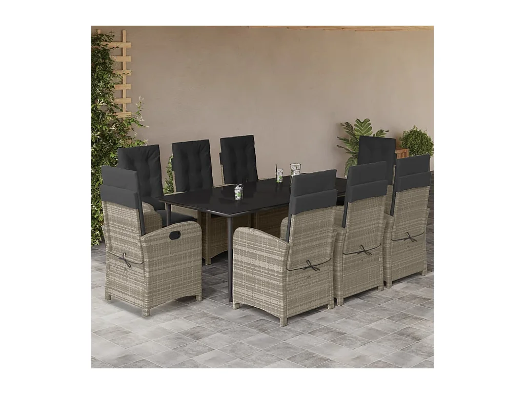 Ensemble à manger de jardin et coussins 9 pièces gris clair rotin