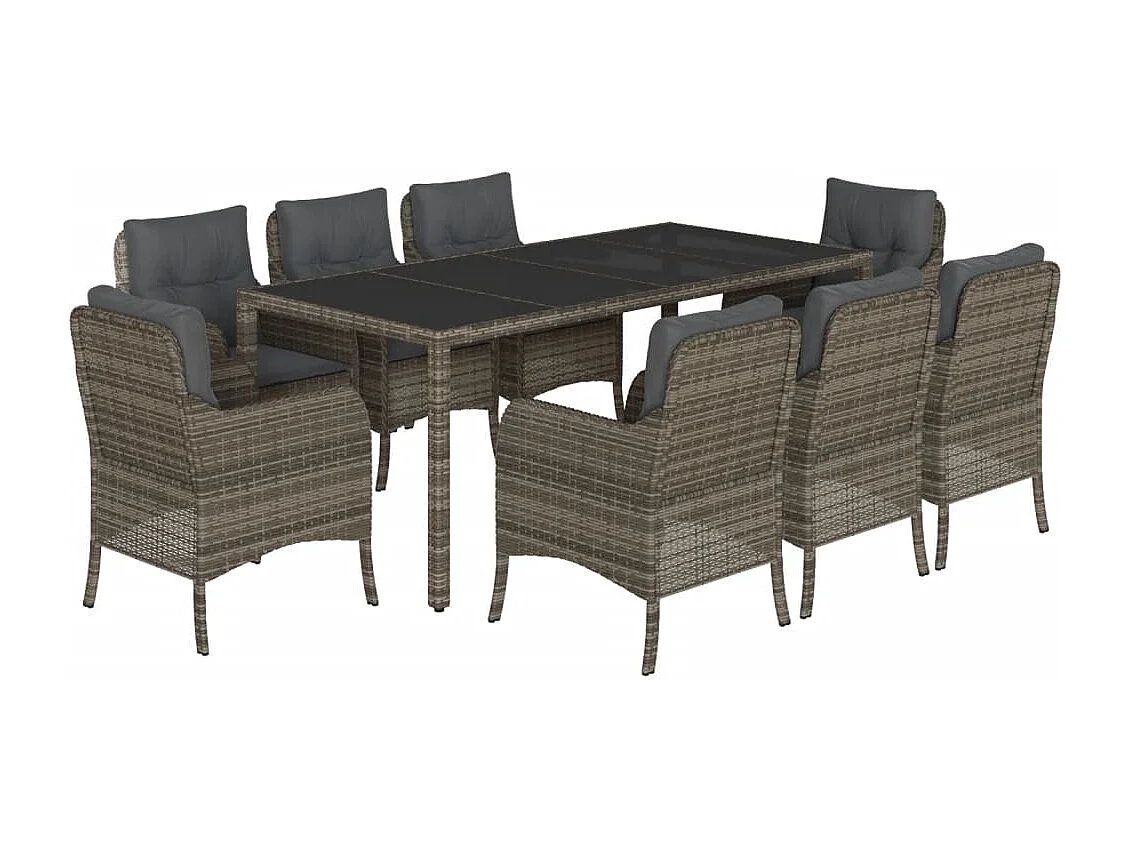 Ensemble à manger de jardin 9 pièces coussins gris résine tressée